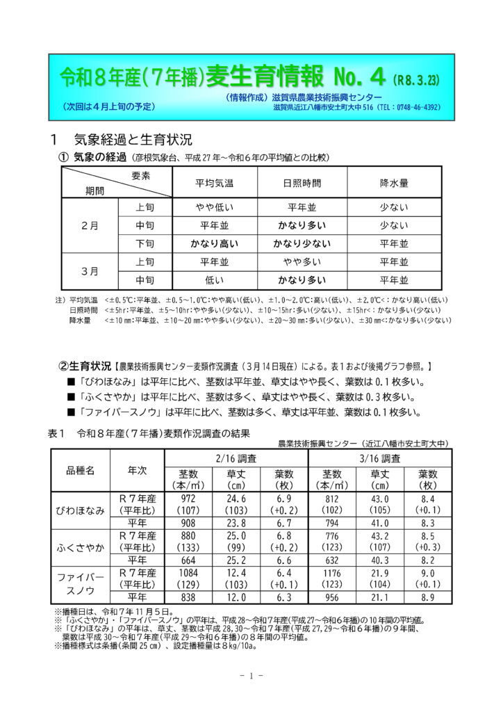 令和8年産（7年播）麦生育情報 No.4