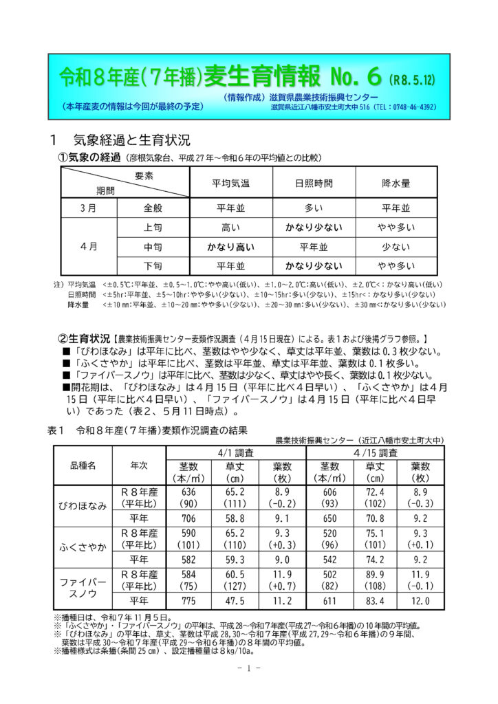 令和8年産（7年播）麦生育情報 No.6